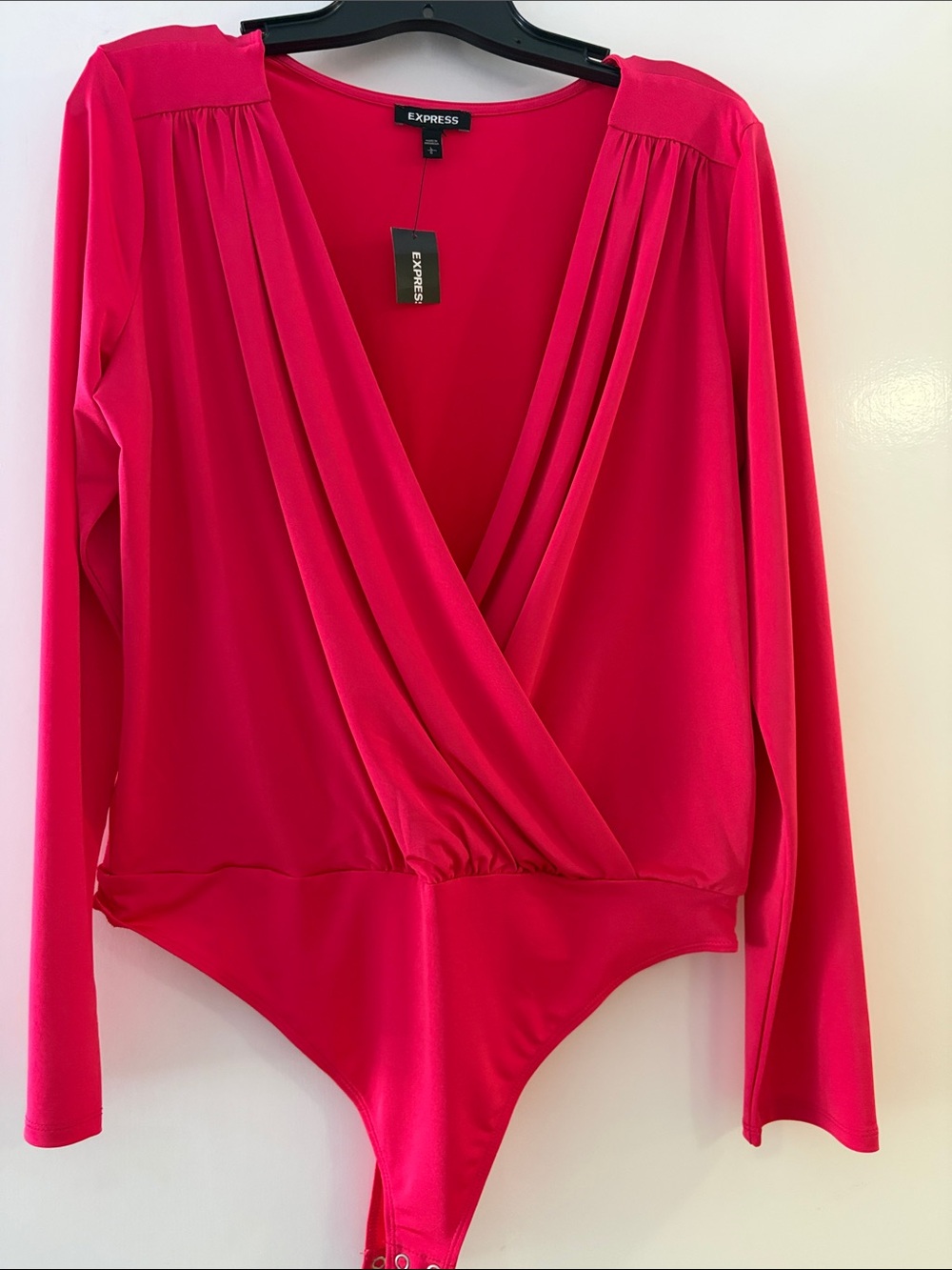 Express Hot Pink Surplice Long-Sleeve Bodysuit
